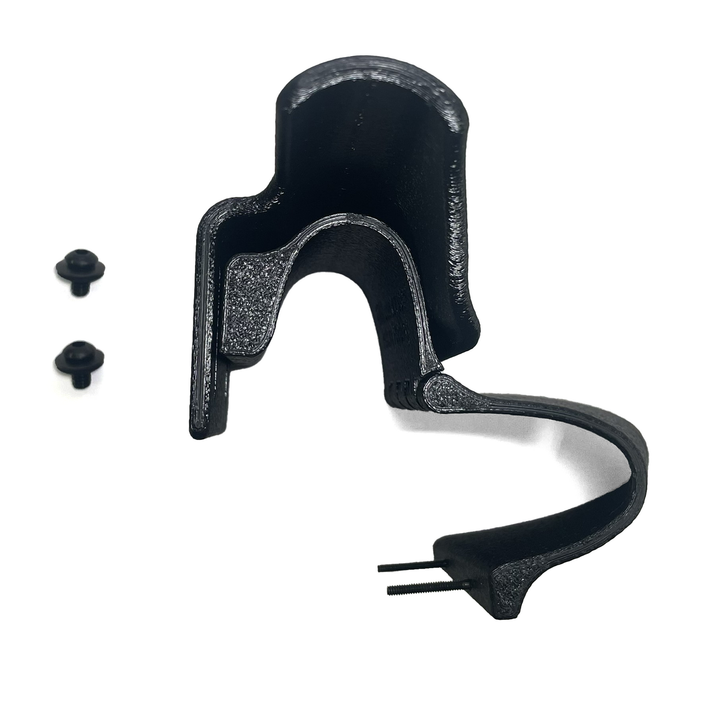 Close-up of rifle cheek riser showing clamping hinge mounting design